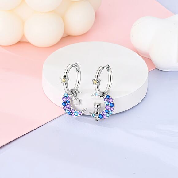 Cat Moon Pendant Hoop Earrings Multi-Colored CZ Stones‎ S925 Sterling Sil… - Picture 3 of 4
